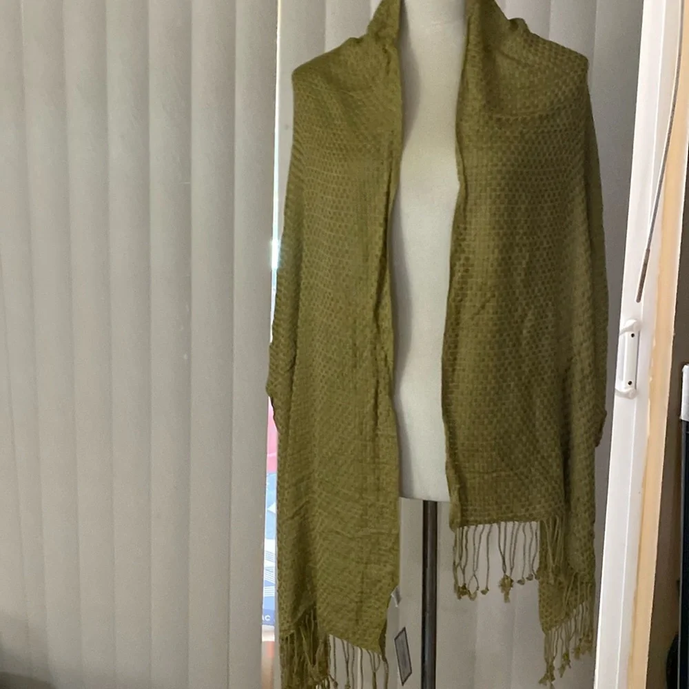 Olive Green Woven Fringe Wrap Scarf